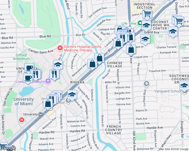 map of restaurants, bars, coffee shops, grocery stores, and more near 5363 Orduna Drive in Coral Gables