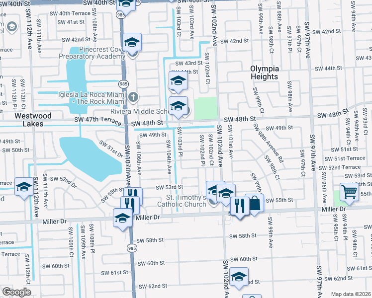 map of restaurants, bars, coffee shops, grocery stores, and more near 10350 Southwest 50th Terrace in Miami