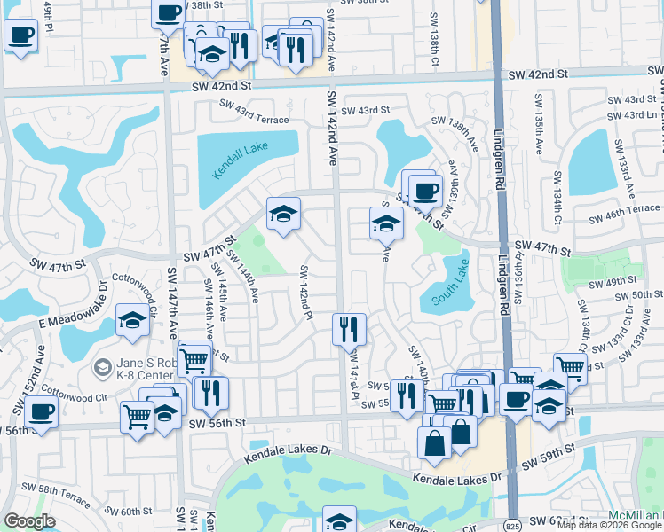 map of restaurants, bars, coffee shops, grocery stores, and more near 14217 Southwest 48th Lane in Miami