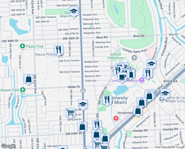 map of restaurants, bars, coffee shops, grocery stores, and more near 1510 Baracoa Avenue in Miami
