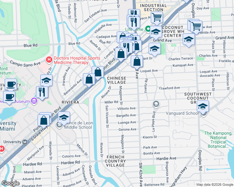 map of restaurants, bars, coffee shops, grocery stores, and more near 526 Perugia Avenue in Coral Gables
