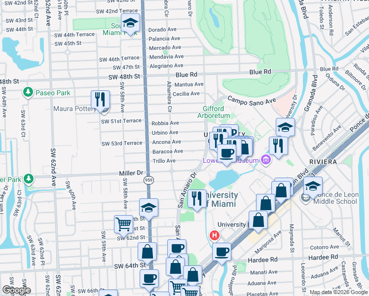 map of restaurants, bars, coffee shops, grocery stores, and more near 1450 Baracoa Avenue in Coral Gables