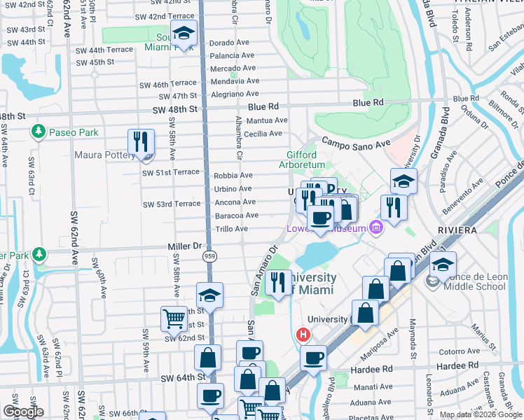 map of restaurants, bars, coffee shops, grocery stores, and more near 1450 Baracoa Avenue in Coral Gables