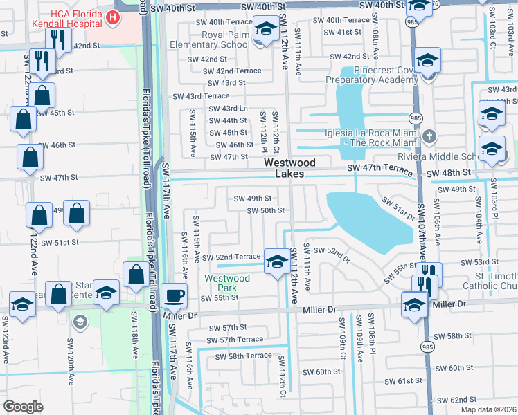 map of restaurants, bars, coffee shops, grocery stores, and more near 5001 Southwest 113th Avenue in Miami