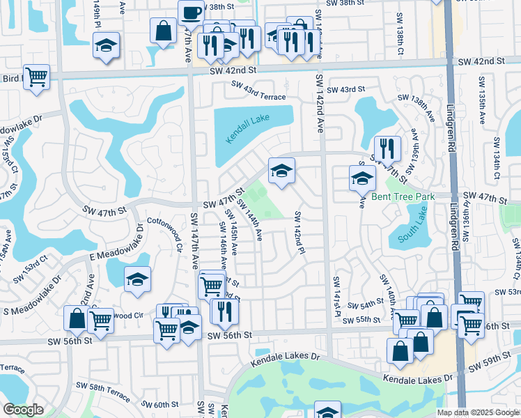 map of restaurants, bars, coffee shops, grocery stores, and more near 14365 Southwest 48th Lane in Miami