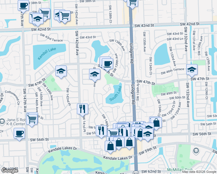 map of restaurants, bars, coffee shops, grocery stores, and more near 4904 Southwest 139th Court in Miami