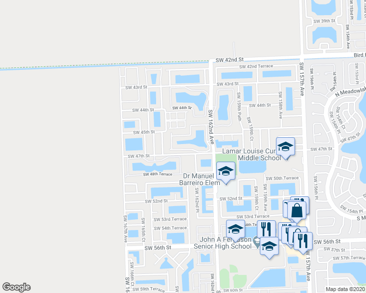 map of restaurants, bars, coffee shops, grocery stores, and more near 16343 Southwest 46th Terrace in Miami