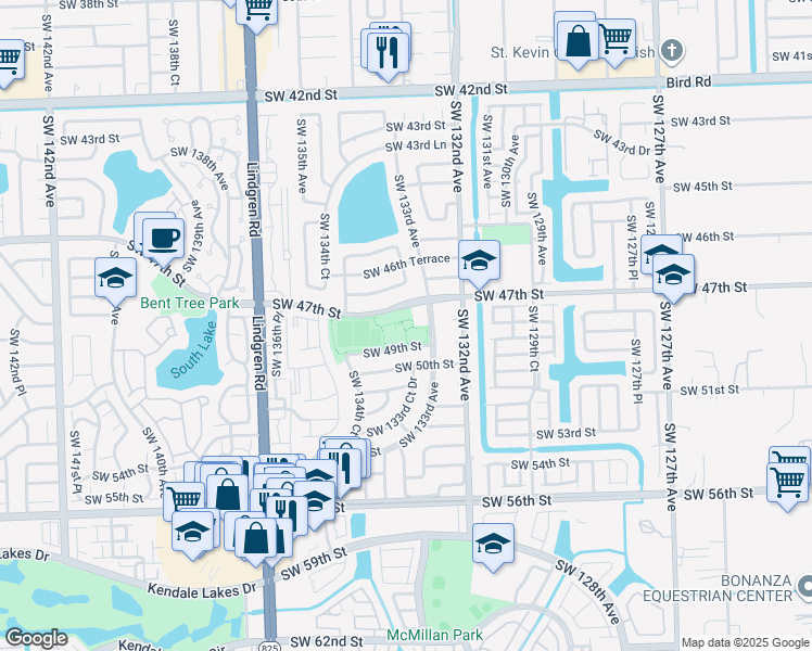 map of restaurants, bars, coffee shops, grocery stores, and more near 13350 Southwest 47th Street in Miami