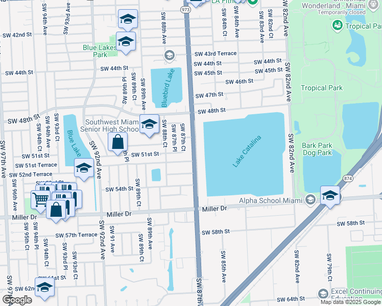 map of restaurants, bars, coffee shops, grocery stores, and more near 8715 Southwest 52nd Street in Miami