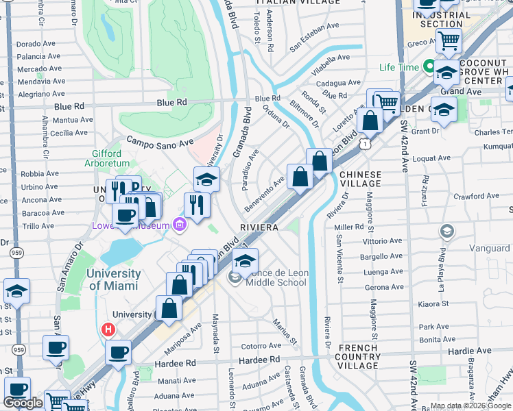 map of restaurants, bars, coffee shops, grocery stores, and more near 5051 Ponce de Leon in Coral Gables