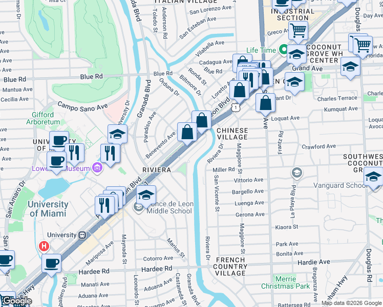 map of restaurants, bars, coffee shops, grocery stores, and more near 5363 Orduna Drive in Coral Gables