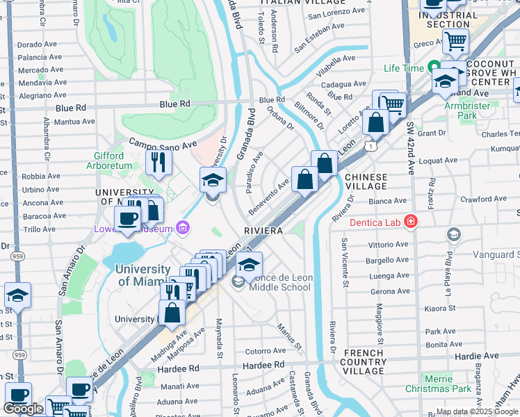 map of restaurants, bars, coffee shops, grocery stores, and more near 5051 Ponce de Leon in Coral Gables