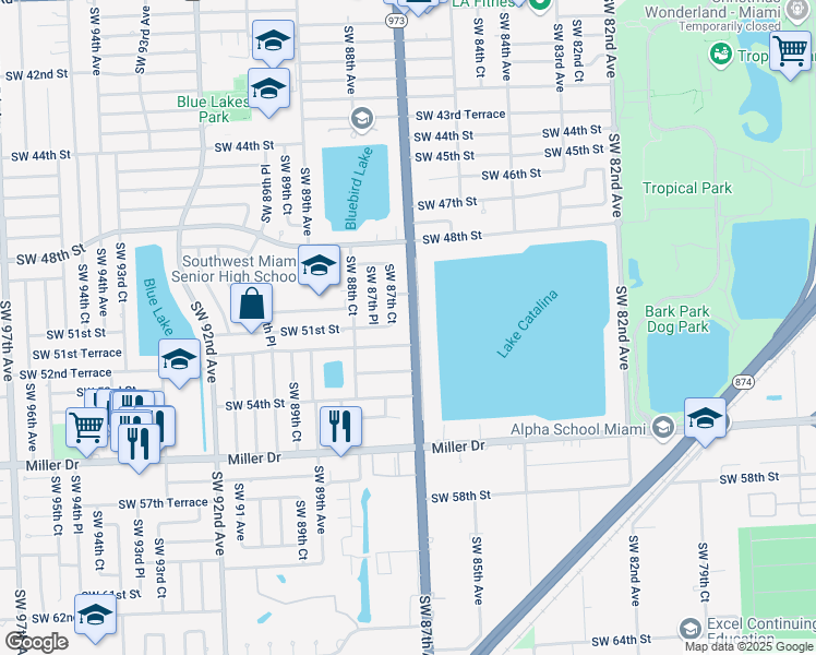 map of restaurants, bars, coffee shops, grocery stores, and more near 8715 Southwest 52nd Street in Miami