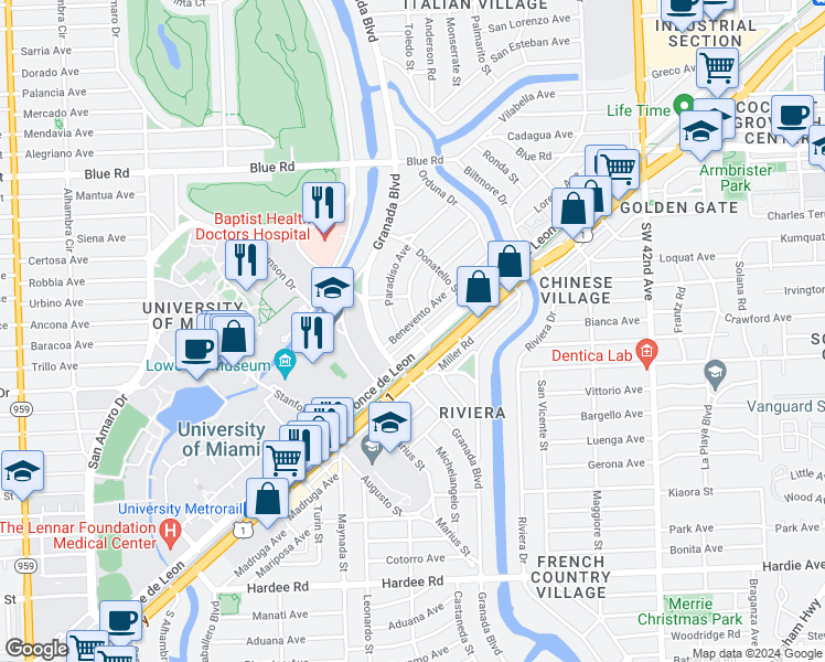 map of restaurants, bars, coffee shops, grocery stores, and more near 5051 Ponce de Leon in Coral Gables