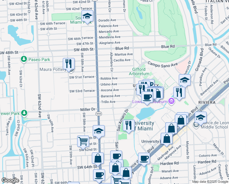 map of restaurants, bars, coffee shops, grocery stores, and more near 1450 Baracoa Avenue in Coral Gables
