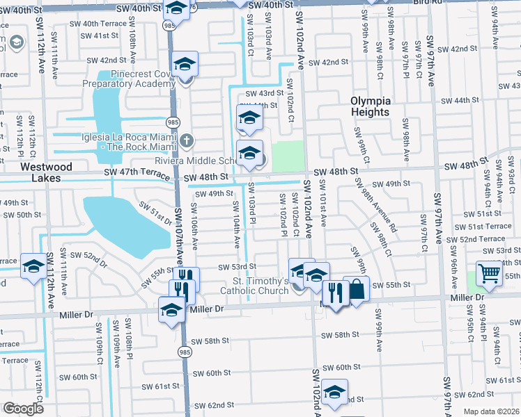 map of restaurants, bars, coffee shops, grocery stores, and more near 10350 Southwest 50th Terrace in Miami