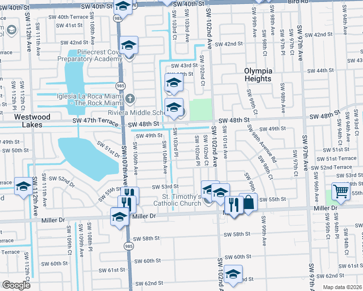 map of restaurants, bars, coffee shops, grocery stores, and more near 10350 Southwest 50th Terrace in Miami