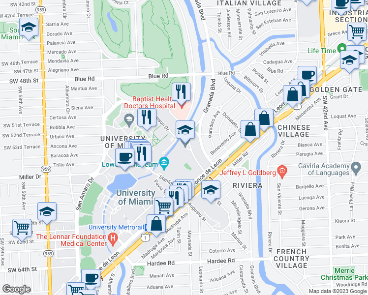 map of restaurants, bars, coffee shops, grocery stores, and more near 5300 Carillo Street in Coral Gables