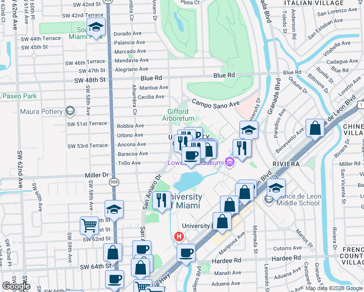 map of restaurants, bars, coffee shops, grocery stores, and more near 1311 Miller Drive in Miami