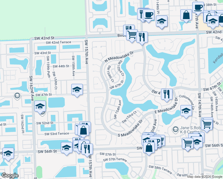 map of restaurants, bars, coffee shops, grocery stores, and more near 15449 Southwest 47th Terrace in Miami