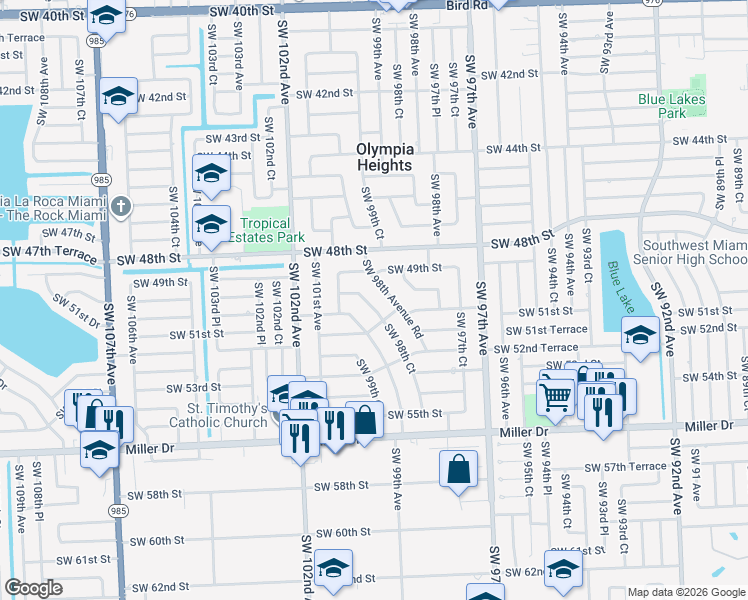 map of restaurants, bars, coffee shops, grocery stores, and more near 5055 Southwest 99th Avenue in Miami