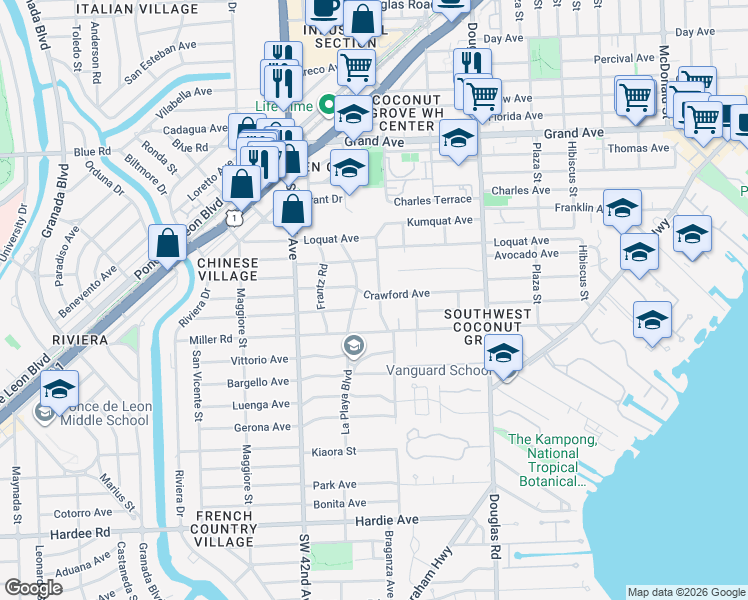 map of restaurants, bars, coffee shops, grocery stores, and more near 3625 Solana Road in Miami