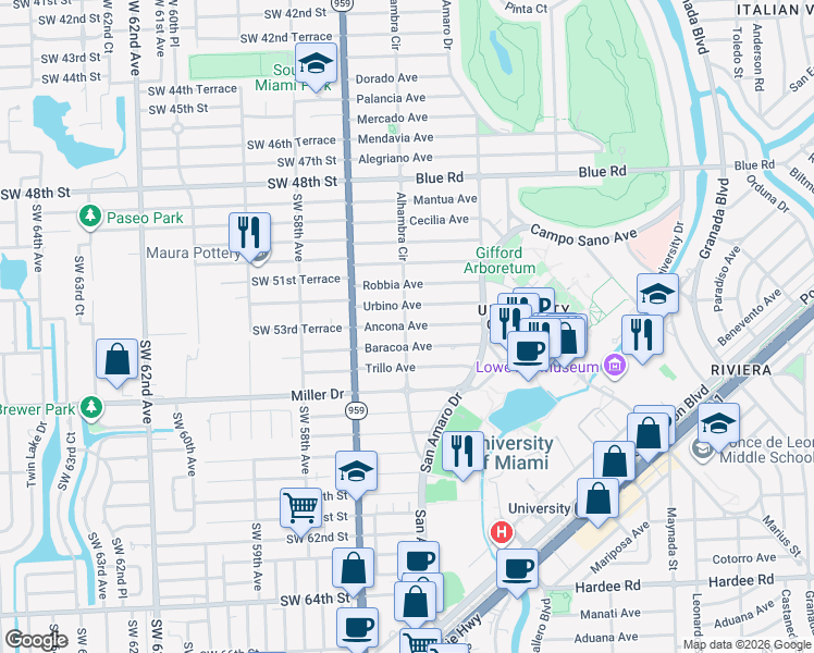 map of restaurants, bars, coffee shops, grocery stores, and more near 1510 Urbino Avenue in Coral Gables