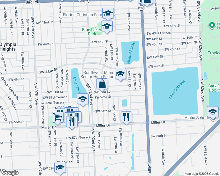 map of restaurants, bars, coffee shops, grocery stores, and more near 8855-8999 SW 50th Terrace in Olympia Heights