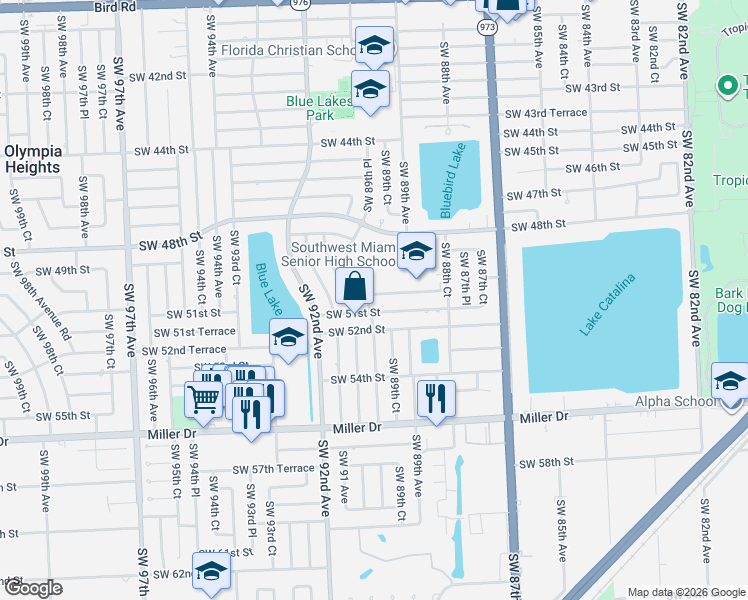 map of restaurants, bars, coffee shops, grocery stores, and more near 8855-8999 SW 50th Terrace in Olympia Heights