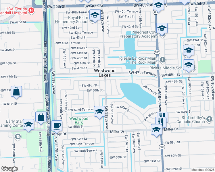 map of restaurants, bars, coffee shops, grocery stores, and more near 11110 Southwest 48th Street in Miami