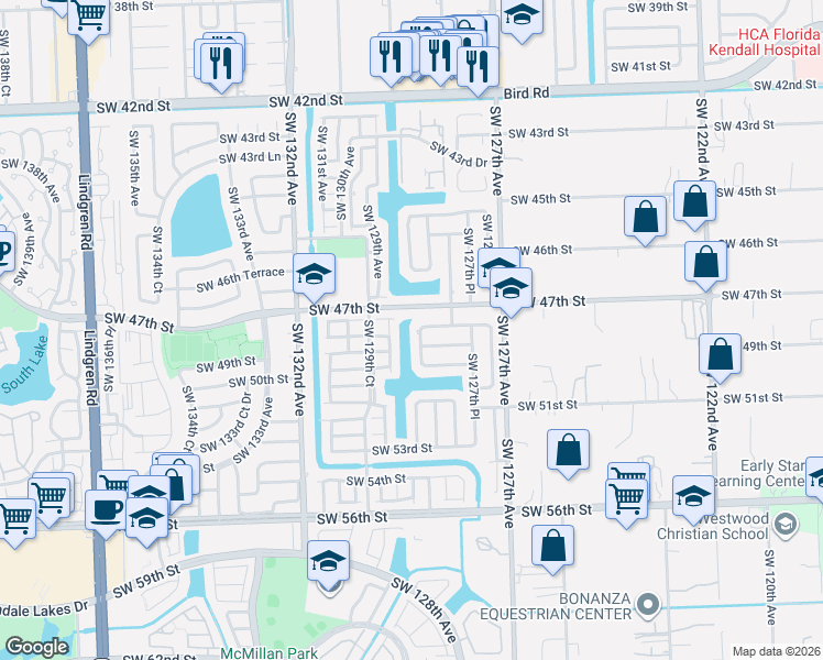 map of restaurants, bars, coffee shops, grocery stores, and more near 12860 Southwest 47th Street in Miami