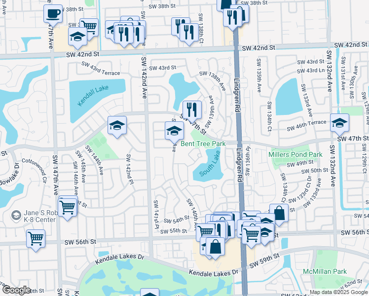 map of restaurants, bars, coffee shops, grocery stores, and more near 13930 Southwest 47th Street in Miami