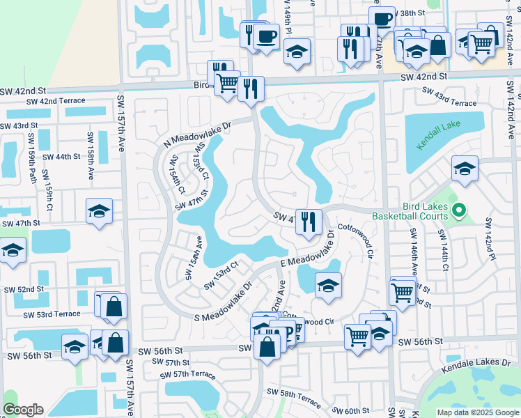 map of restaurants, bars, coffee shops, grocery stores, and more near 4580 Southwest 151st Place in Miami