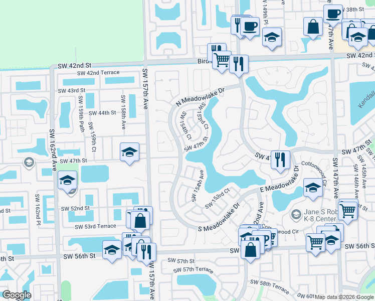 map of restaurants, bars, coffee shops, grocery stores, and more near 15440 Southwest 46th Lane in Miami