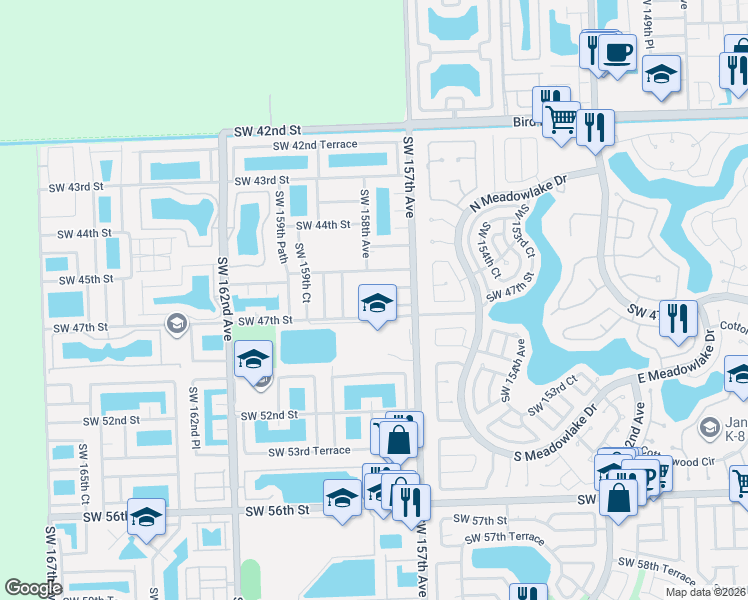 map of restaurants, bars, coffee shops, grocery stores, and more near 15771 Southwest 46th Street in Miami