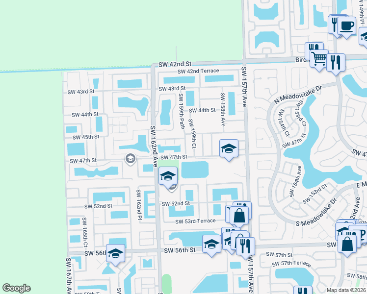 map of restaurants, bars, coffee shops, grocery stores, and more near 4531 Southwest 159th Place in Miami