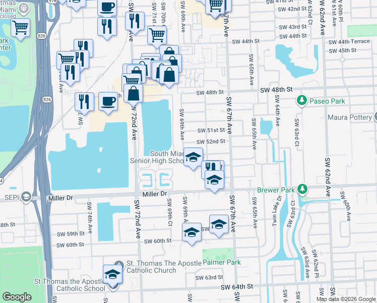 map of restaurants, bars, coffee shops, grocery stores, and more near 6850 Southwest 52nd Street in Miami