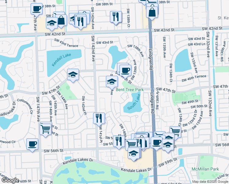 map of restaurants, bars, coffee shops, grocery stores, and more near 4861 Southwest 140th Avenue in Miami