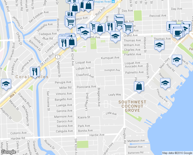 map of restaurants, bars, coffee shops, grocery stores, and more near 3733 Solana Road in Miami