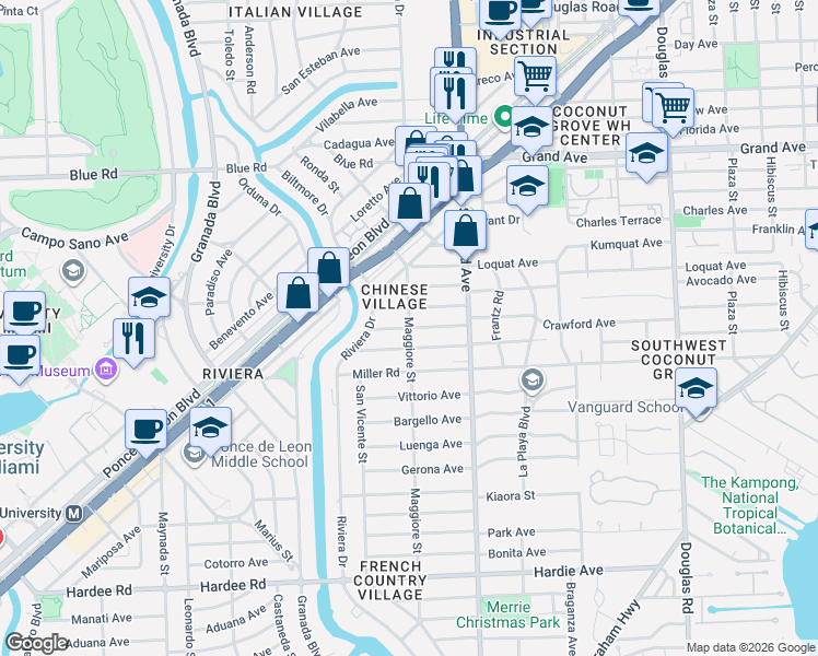 map of restaurants, bars, coffee shops, grocery stores, and more near 5201 Maggiore Street in Coral Gables