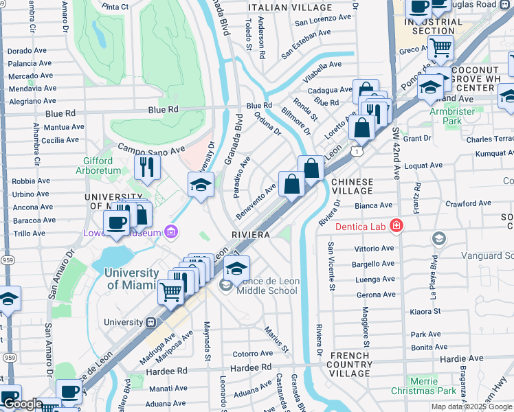 map of restaurants, bars, coffee shops, grocery stores, and more near in South Miami