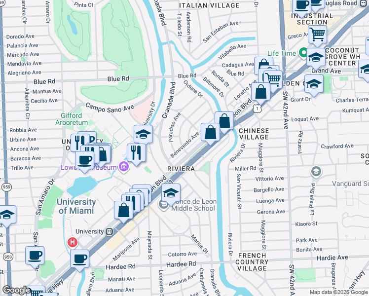 map of restaurants, bars, coffee shops, grocery stores, and more near in South Miami