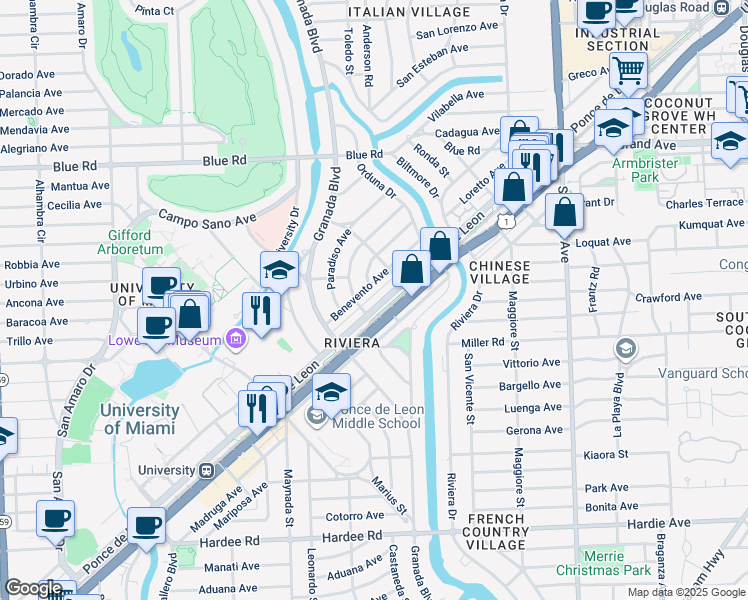 map of restaurants, bars, coffee shops, grocery stores, and more near 4971 Ponce de Leon in Coral Gables
