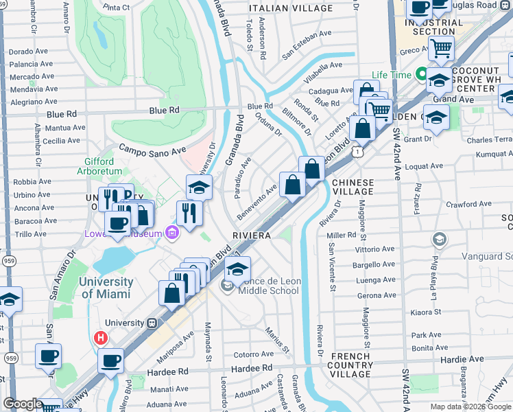 map of restaurants, bars, coffee shops, grocery stores, and more near in South Miami