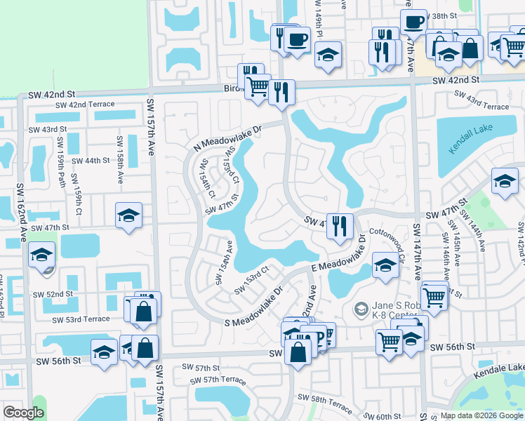 map of restaurants, bars, coffee shops, grocery stores, and more near 15255 Southwest 45th Terrace in Miami