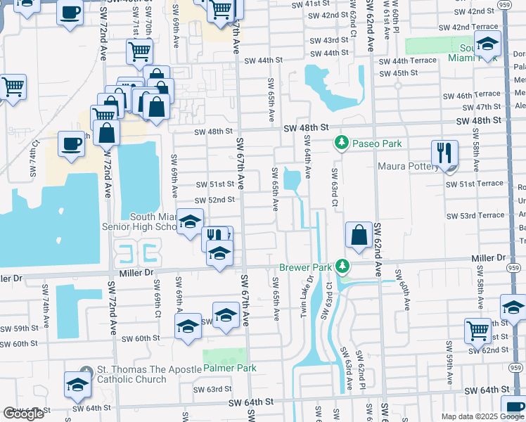map of restaurants, bars, coffee shops, grocery stores, and more near 6535 Southwest 52nd Terrace in Miami