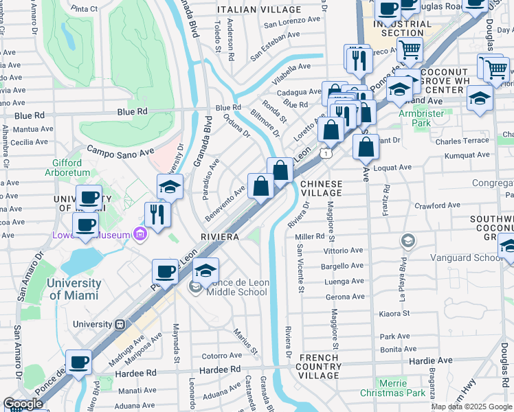 map of restaurants, bars, coffee shops, grocery stores, and more near in Miami