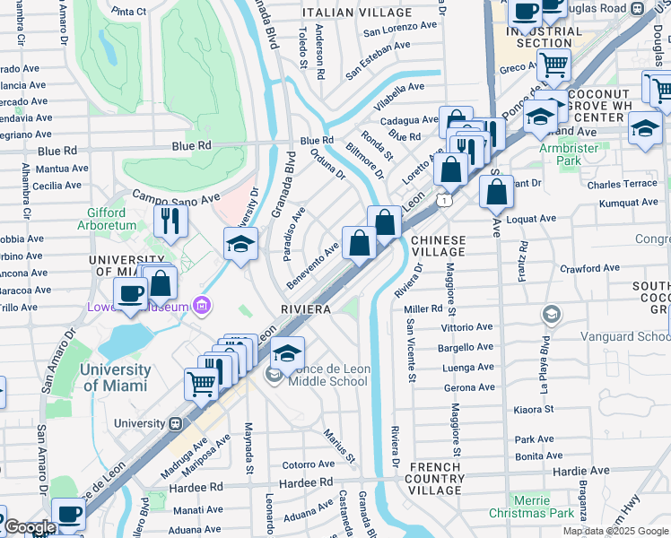 map of restaurants, bars, coffee shops, grocery stores, and more near 4971 Ponce de Leon in Coral Gables