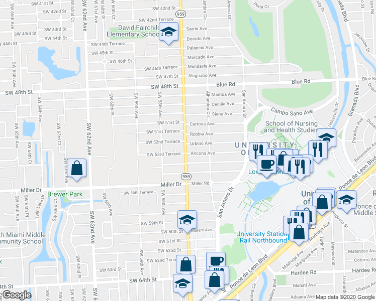 map of restaurants, bars, coffee shops, grocery stores, and more near 5700 Southwest 52nd Terrace in Miami