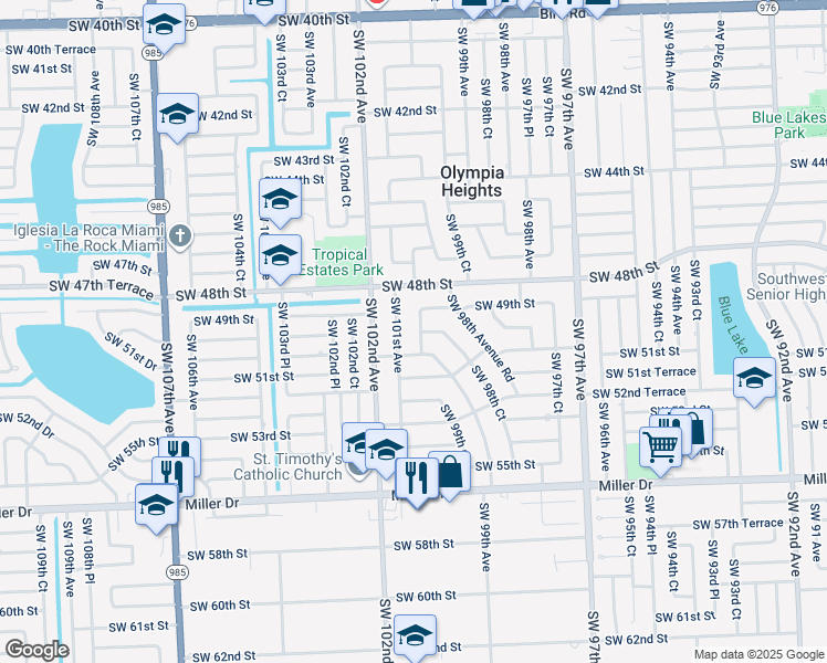 map of restaurants, bars, coffee shops, grocery stores, and more near 4901 Southwest 101st Avenue in Miami
